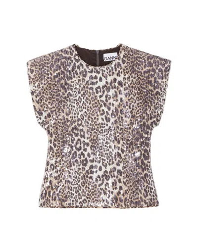 Ganni Leopard Blouse With Sequins In Brown