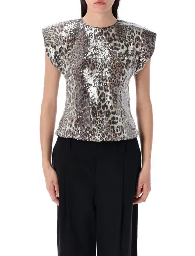 Ganni Leopard Print Sequined Top In Blue