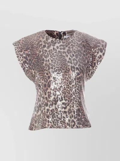 GANNI LEOPARD PRINT SEQUINS SLEEVELESS CREWNECK TOP