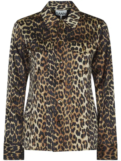 GANNI GANNI LEOPARD PRINT SHIRT WITH CLASSIC COLLAR