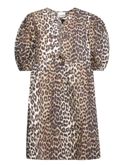 Ganni Leopard Print Short Dress With Three-quarter Sleeves In Brown