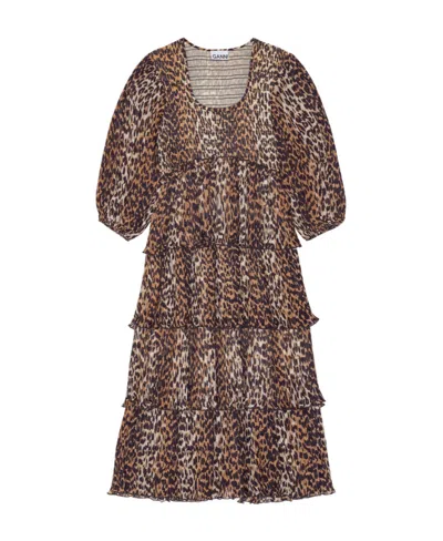 GANNI GANNI LEOPARD PRINTED PLEATED U-NECK MIDI DRESS