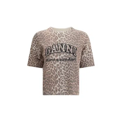 GANNI LEOPARD PRINT SHORT SLEEVE SWEATER