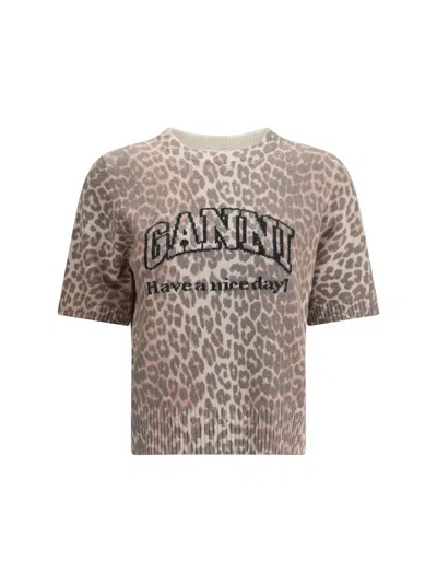Ganni Leopard Wool T-shirt In Brown