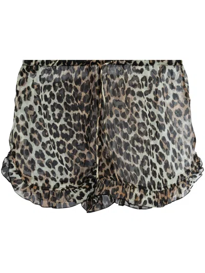Ganni Leopard Printed Chiffon Ruffled Shorts In Animal Print