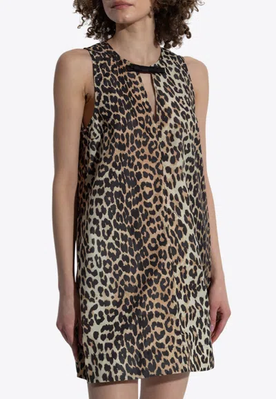 Ganni Leopard Print Sleeveless Mini Dress In Brown