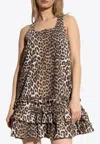 Ganni Leopard-print Ruffled Cotton Poplin Minidress In Brown