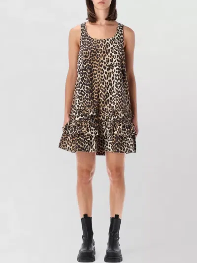 Ganni Leopard Print Sleeveless Mini Dress Ruffle Hem In Animal Print