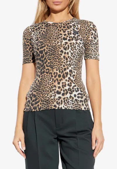 Ganni Leopard Print Slim T-shirt In Neutral
