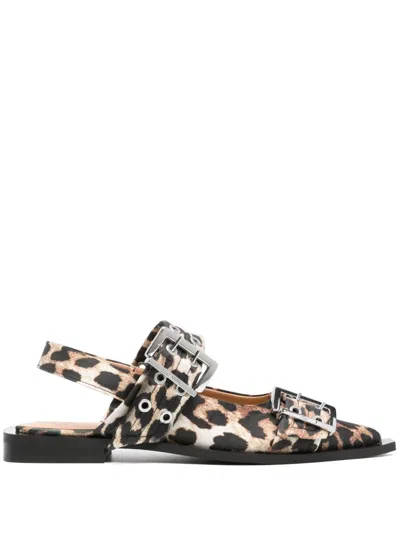 Ganni Multicolor Ballet Shoes With Double Buckle And All-over Leopard Print In Multicolour