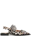 Ganni Multicolor Ballet Shoes With Double Buckle And All-over Leopard Print In Tech Fabric Woman In Brown