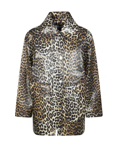 Ganni Leopard Print Snap-front Trench Coat In Almond Milk