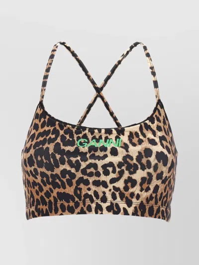 Ganni Leopard Print Sports Top With Cross-back Straps In Multi