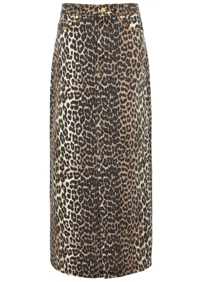 Ganni Leopard-print Organic Denim Maxi Skirt In Animalier