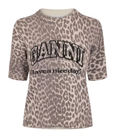 Ganni Leopard Print Sweater In Brown