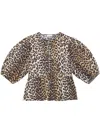 Ganni Tan Leopard Cotton Poplin Peplum Tie Blouse In Animal Print