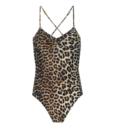 Ganni Leopard-print Swimsuit In Brown