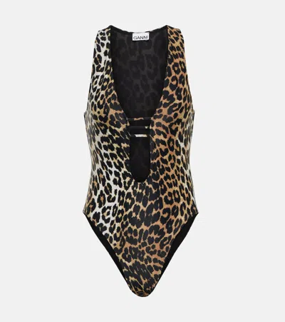 Ganni Hollowed-out One-piece Swimsuit In Animal Print