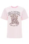 Ganni Crew Neck Graphic Print Relaxed Fit Tops In Chalk Pink (pink)