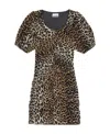 Ganni Bow-detailed Ruched Leopard-print Cotton-poplin Mini Dress In Black