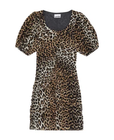 Ganni Bow-detailed Ruched Leopard-print Cotton-poplin Mini Dress In Multi