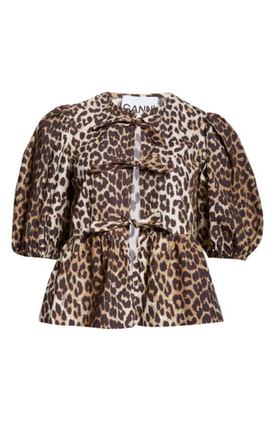 GANNI GANNI LEOPARD PRINT TIE FRONT ORGANIC COTTON TOP