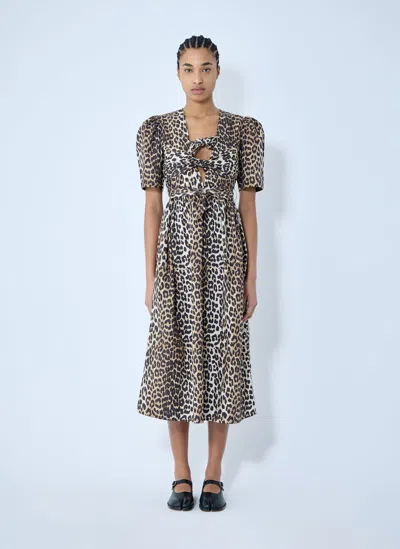 GANNI LEOPARD PRINT TIE STRAP MIDI DRESS