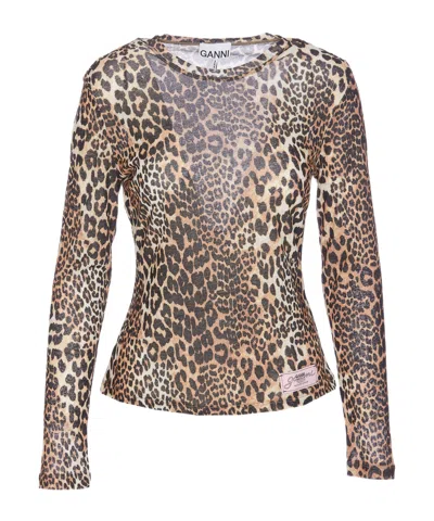 GANNI GANNI LEOPARD PRINTED MESH LONG-SLEEVED TOP