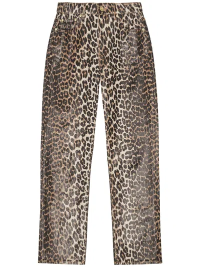 Ganni High-rise Leopard Print Barrel-leg Jeans In Brown