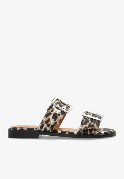 GANNI LEOPARD PRINT TWO-STRAP SLIDES
