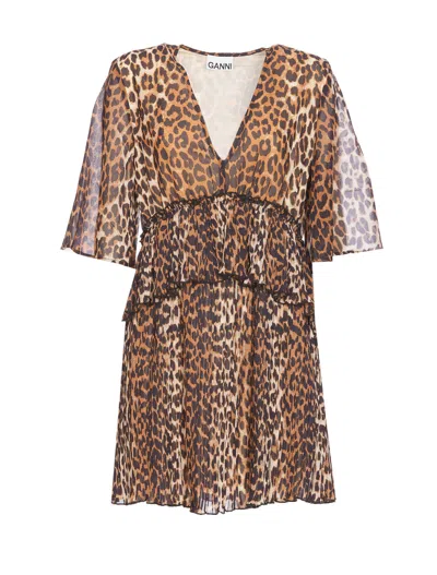 Ganni Leopard Print V-neck Mini Dress In Brown