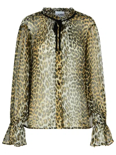 Ganni Leopard Print Viscose Shirt With Flared Hem In Brown
