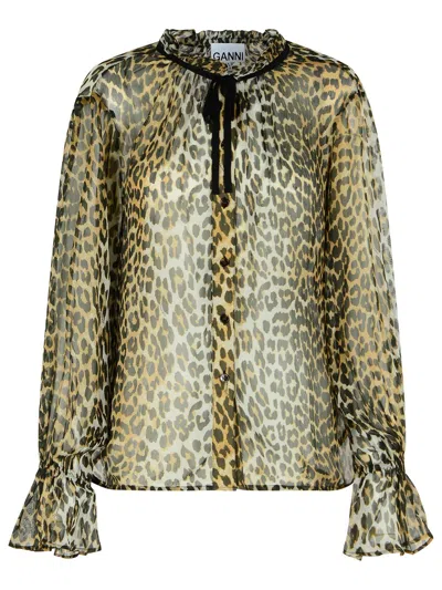 Ganni Leopard Print Viscose Shirt With Flared Hem In Brown
