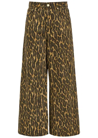 Ganni Leopard-print Wide-leg Jeans In Green