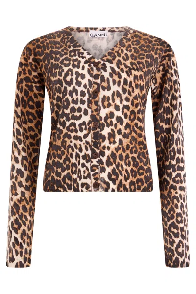 Ganni Leopard Print Wool Cardigan In Animal Print