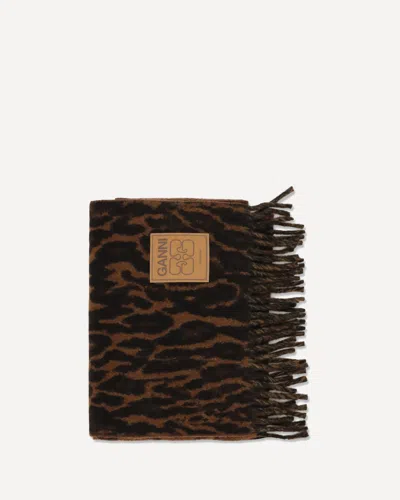 Ganni Leopard Print Wool Scarf With Logo And Fringes In Marrone