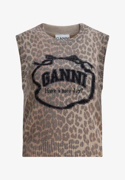 Ganni Leopard Print Wool Vest In Brown