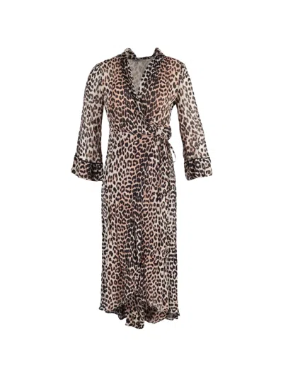 Pre-owned Ganni Leopard-print Wrap Maxi Dress In Neutral