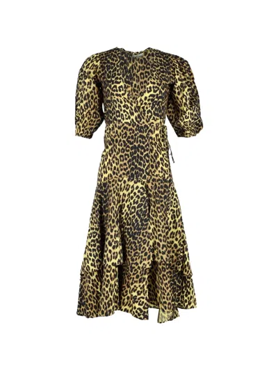 Pre-owned Ganni Leopard-print Wrap Midi Dress In Yellow