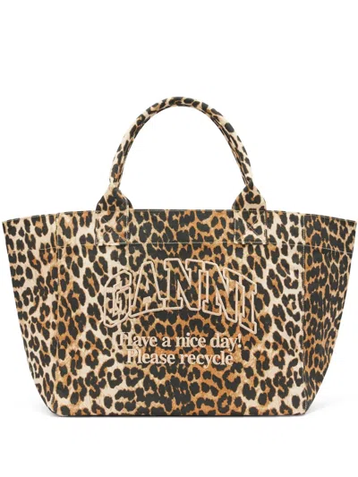 Ganni Medium Tote Bag Leopard Print Top Handle In Purple