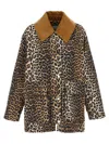 Ganni Leopard Printed Canvas Midi Puffer Jackets Brown