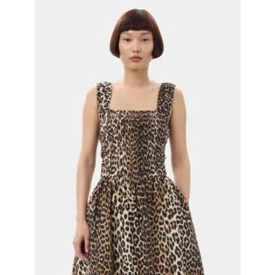 Ganni Leopard Printed Cotton Midi Strap Smock Dress In Animal Print