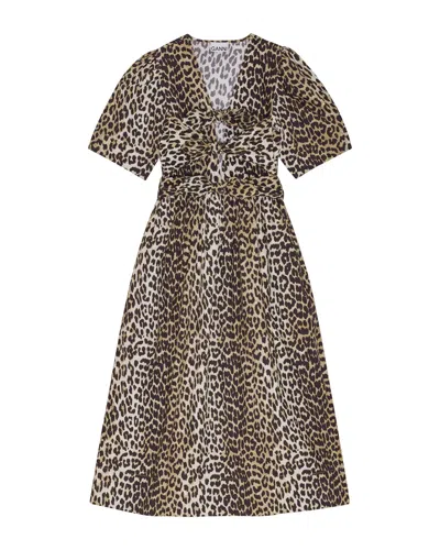 Ganni Belted Bow-embellished Leopard-print Cotton-poplin Midi Dress In Multicolour