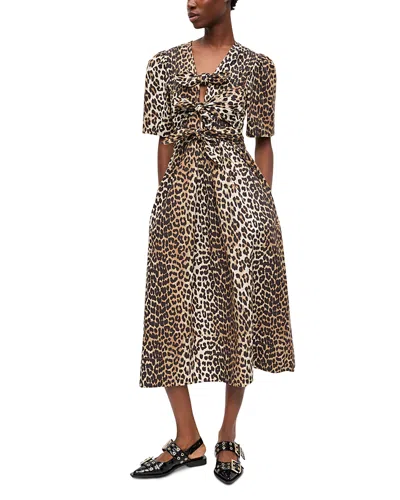 Ganni Leopard Printed Cotton Tie Strap Midi Dress In Brown