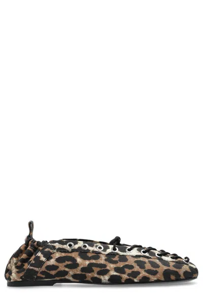 Ganni Brown Lace-up Ballerinas With Metal Eyelets And All-over Print In Fabric Woman In Multi