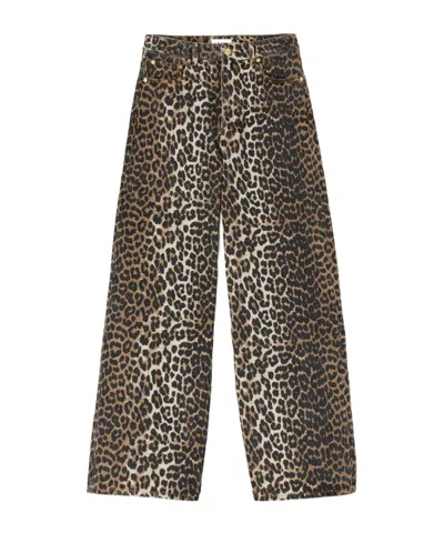 Ganni Wide-leg Animal Print High-rise Jeans With Belt Loops In Gray