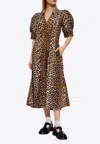 Ganni Leopard Print Poplin Dress In Beige