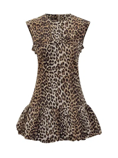 Ganni Printed Cotton Corset Mini Dress Leopard In Brown