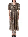 Ganni Belted Bow-embellished Leopard-print Cotton-poplin Midi Dress In Green