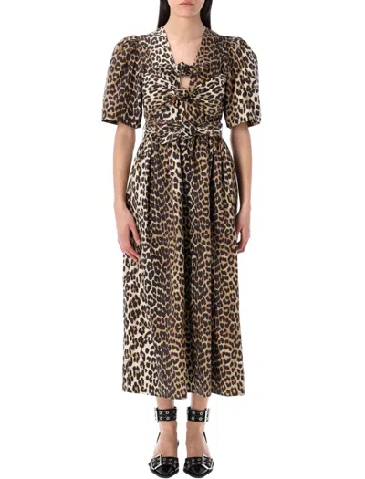 GANNI GANNI LEOPARD PRINTED TIE STRAP MIDI DRESS